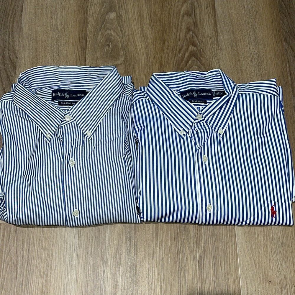 2-Blue Stripe Polo by Ralph Lauren w/ Pony mens Dress Business work shirt 18 XXL